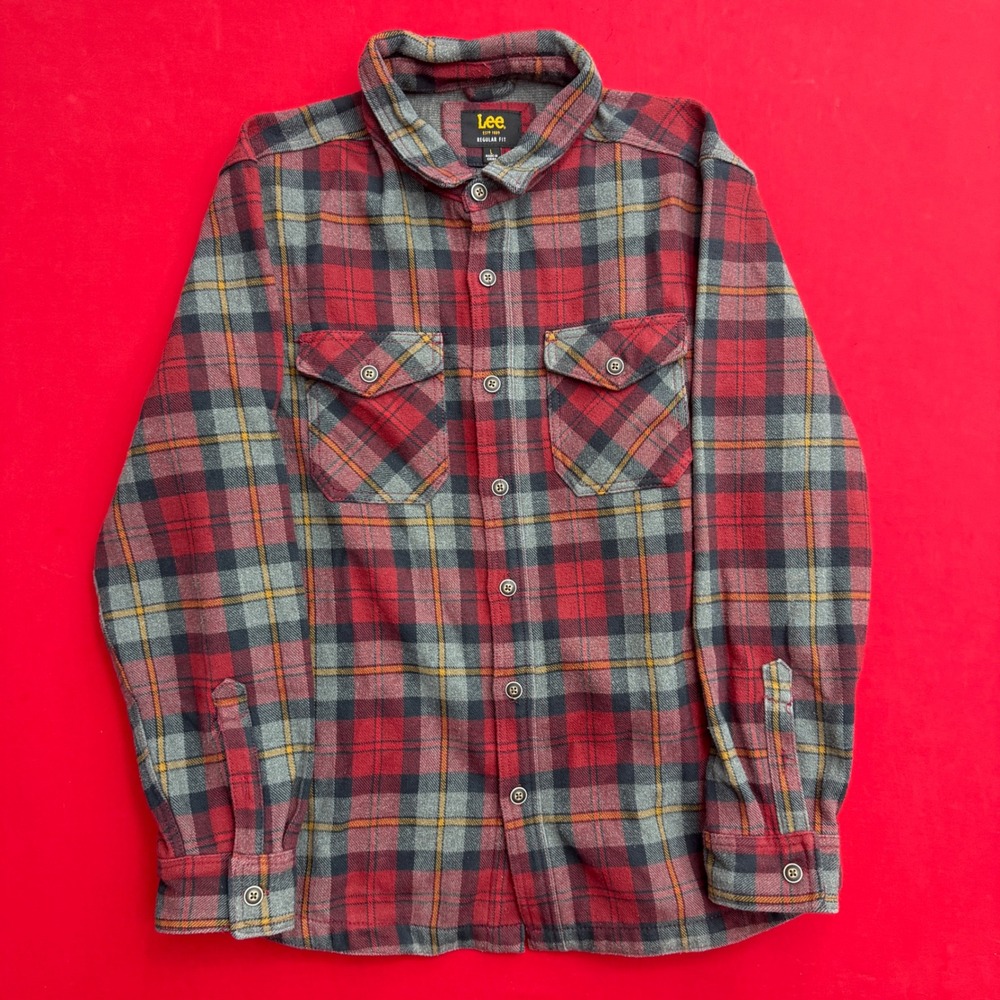 VTG Style Lee Men Regular Flannel Button Up Shirt Large Red Grey‎ Plaid Long
